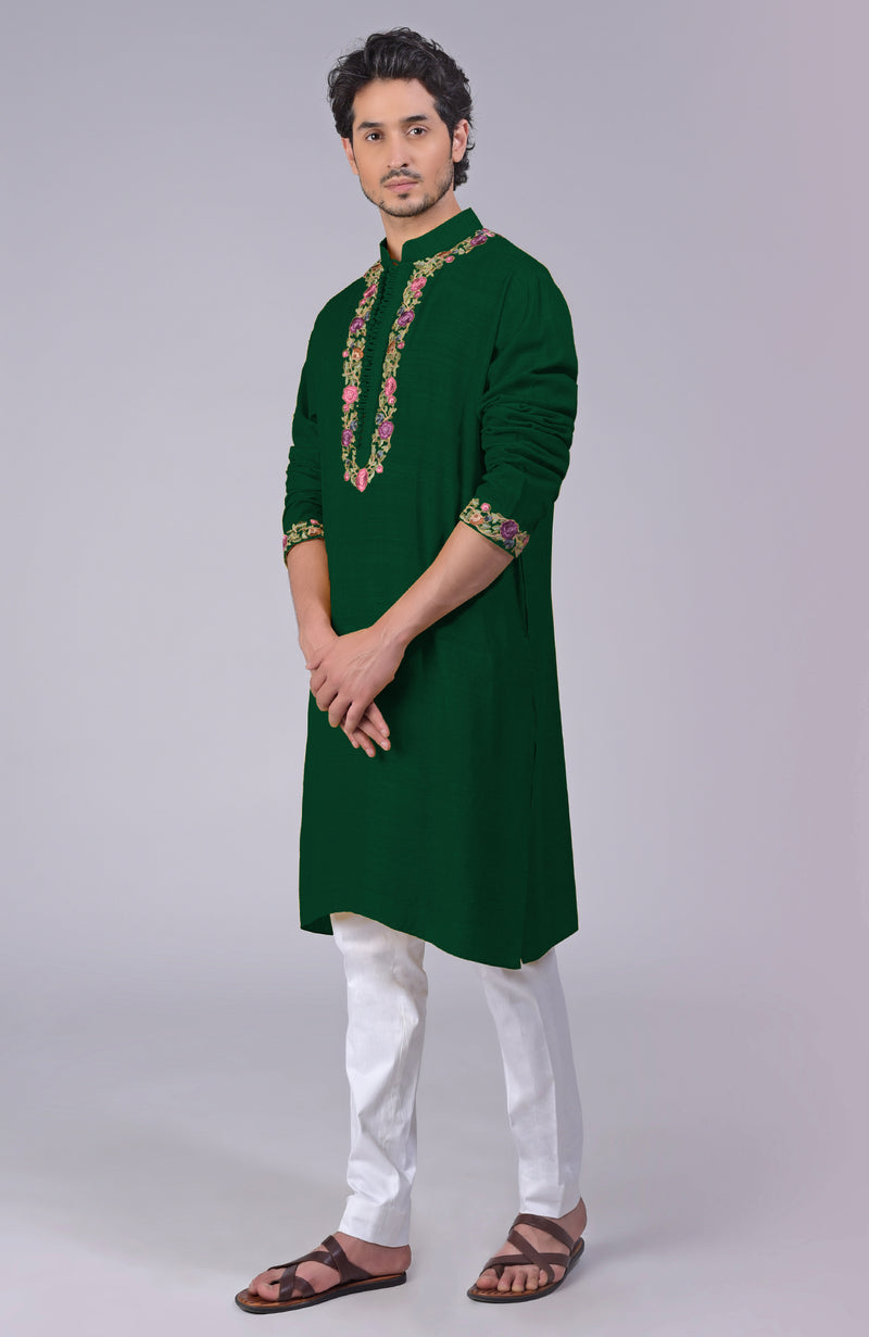 Bottle Green Parsi Gara Embroidered Kurta