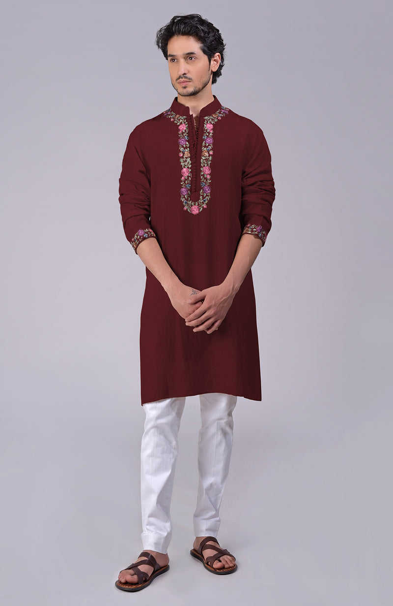 Maroon Parsi Gara Embroidered Kurta