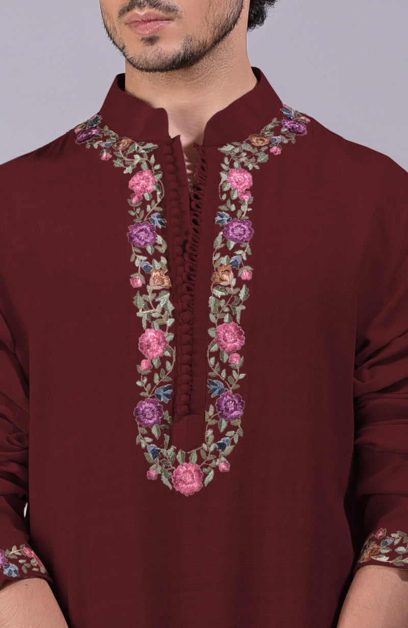 Maroon Parsi Gara Embroidered Kurta