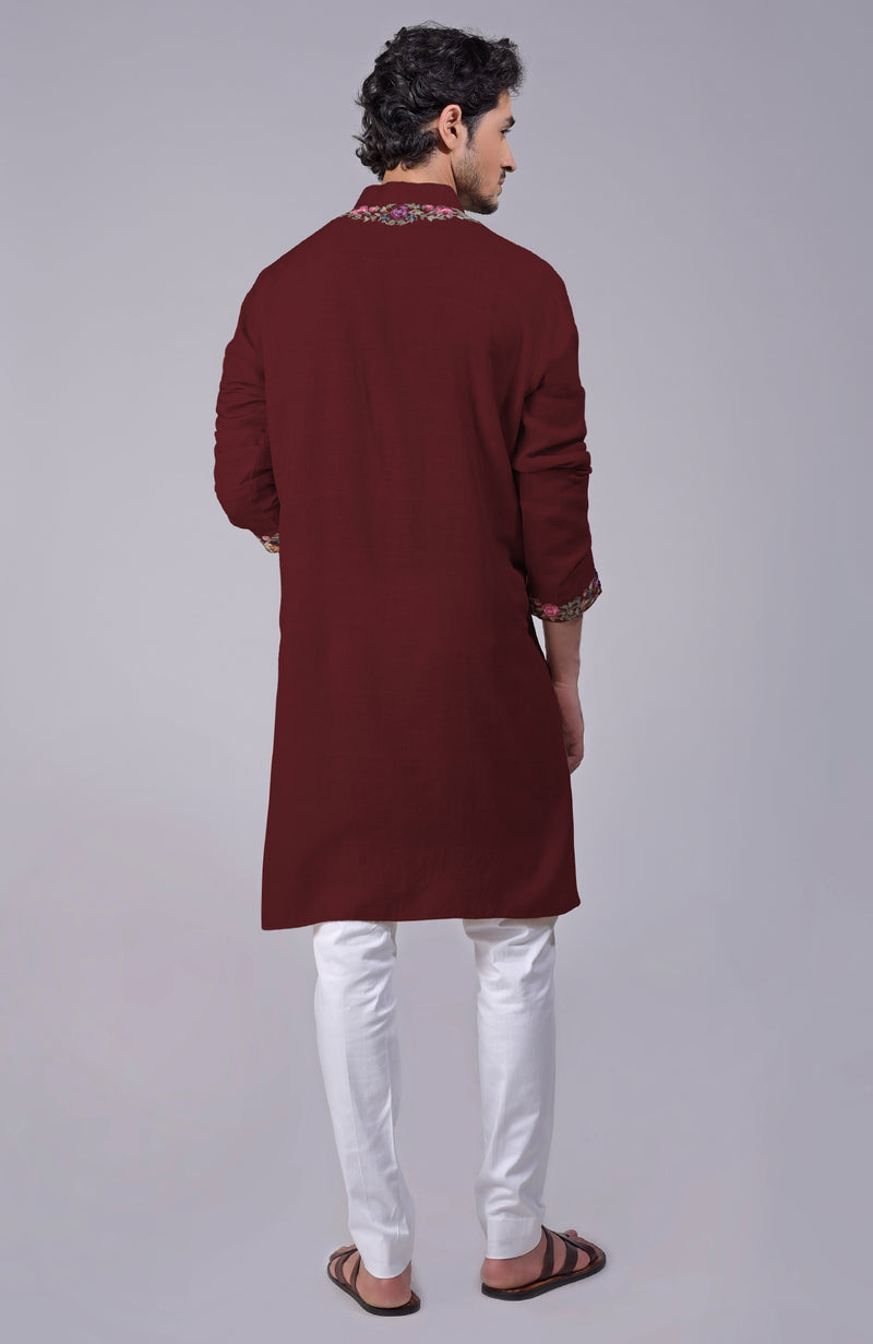 Maroon Parsi Gara Embroidered Kurta