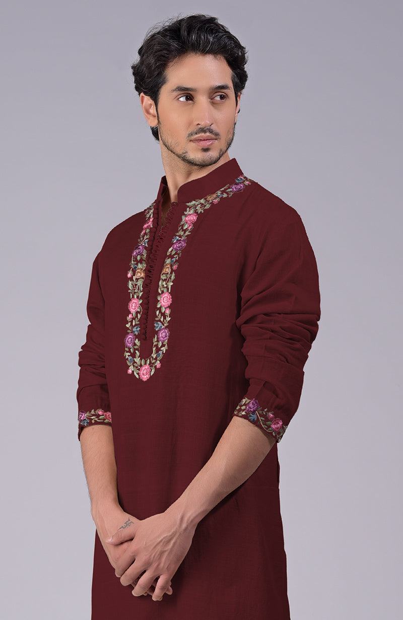 Maroon Parsi Gara Embroidered Kurta