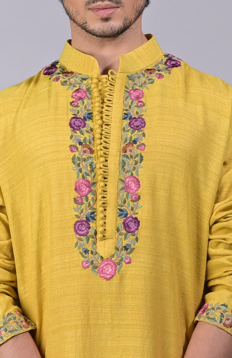 Misted Marigold Yellow Parsi Gara Embroidered Kurta