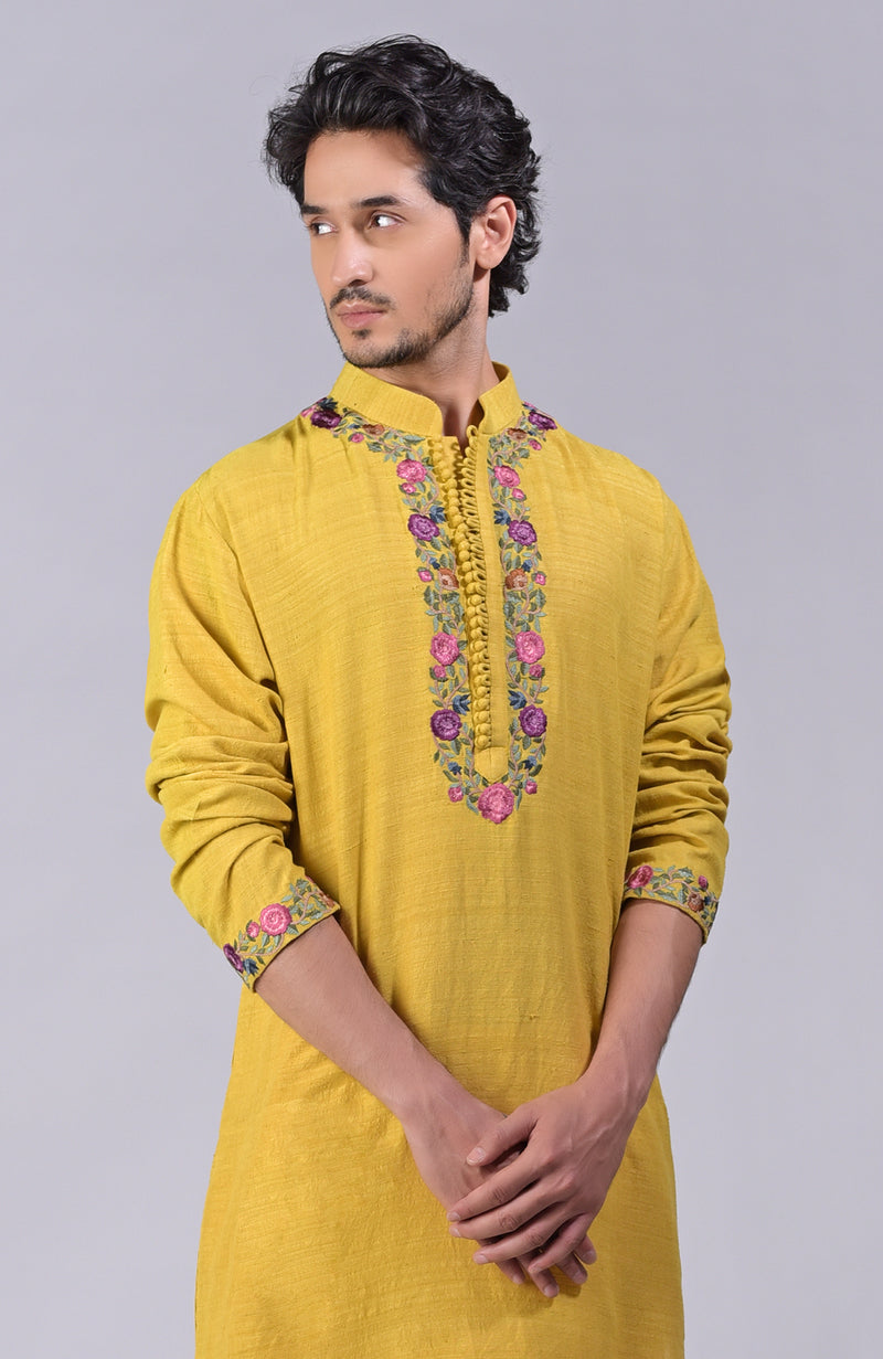 Misted Marigold Yellow Parsi Gara Embroidered Kurta