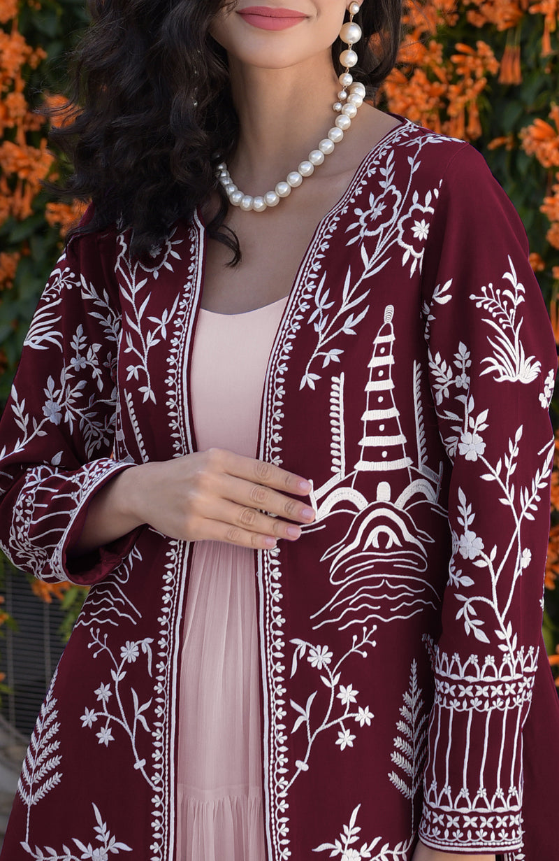 Maroon Parsi Gara Embroidered Jacket Set