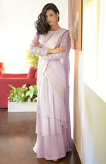 Lilac – Silver Embroidered Draped Saree Set