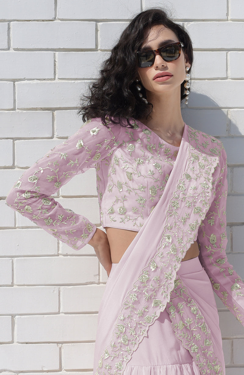 Lilac – Silver Embroidered Draped Saree Set