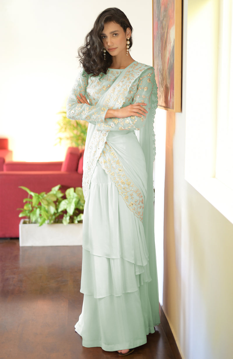 Nude Pink – Silver Embroidered Draped Saree Set
