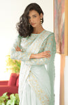 Sage Green – Silver Embroidered Draped Saree Set