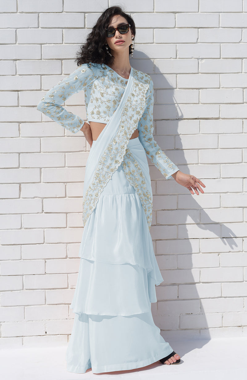 Sky Blue – Silver Embroidered Draped Saree Set