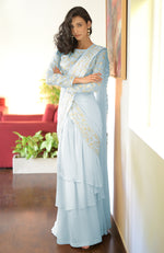 Sky Blue – Silver Embroidered Draped Saree Set