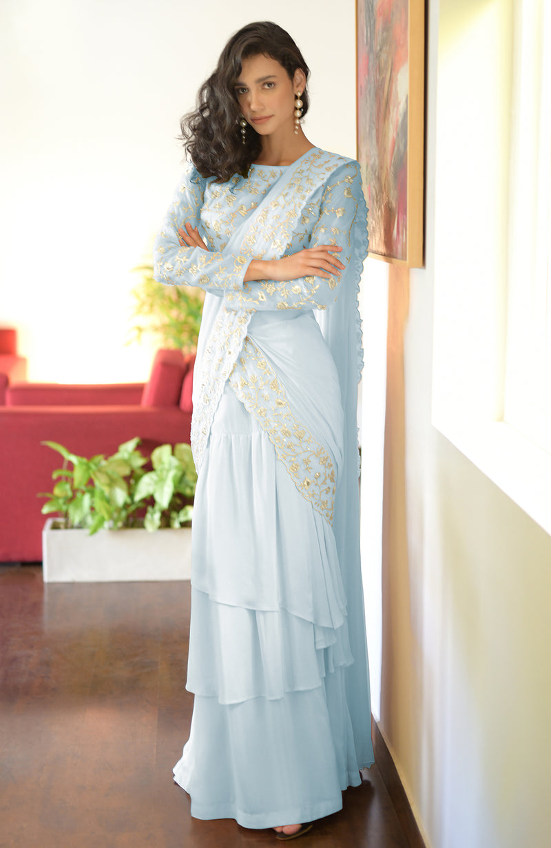 Nude Pink – Silver Embroidered Draped Saree Set