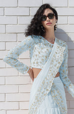 Aqua Blue – Silver Embroidered Draped Saree Set