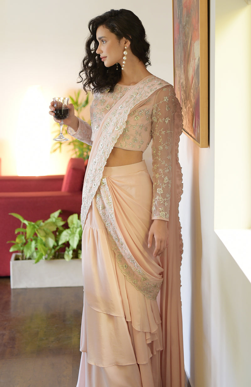 Nude Pink – Silver Embroidered Draped Saree Set