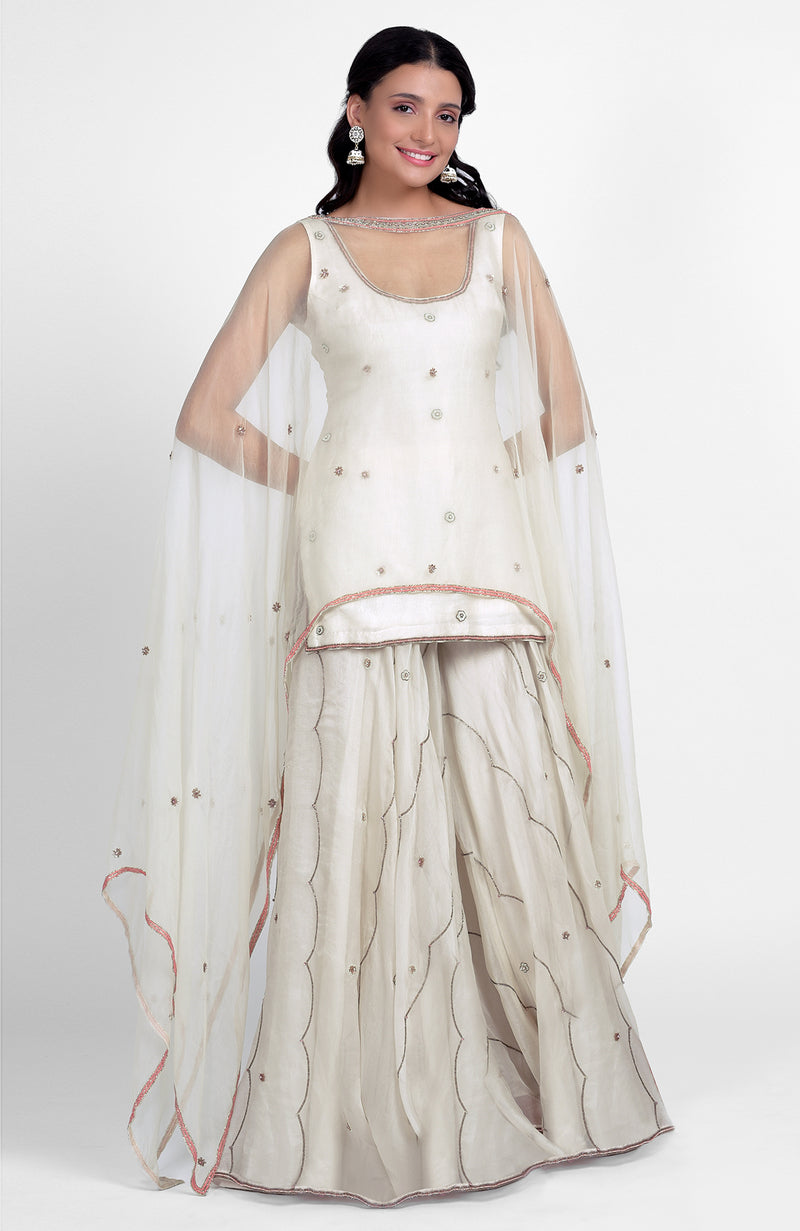 Off-White Hand Embroidered Sharara Set with Cape Dupatta