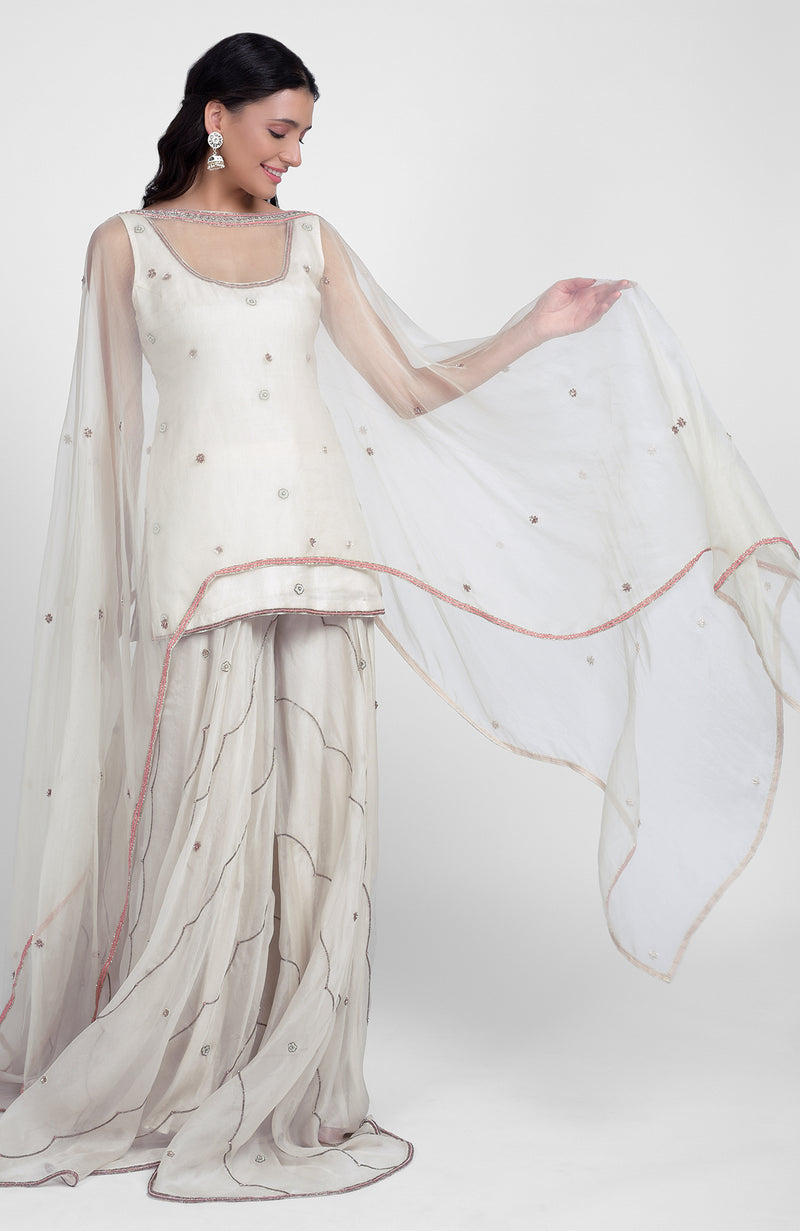 Off-White Hand Embroidered Sharara Set with Cape Dupatta
