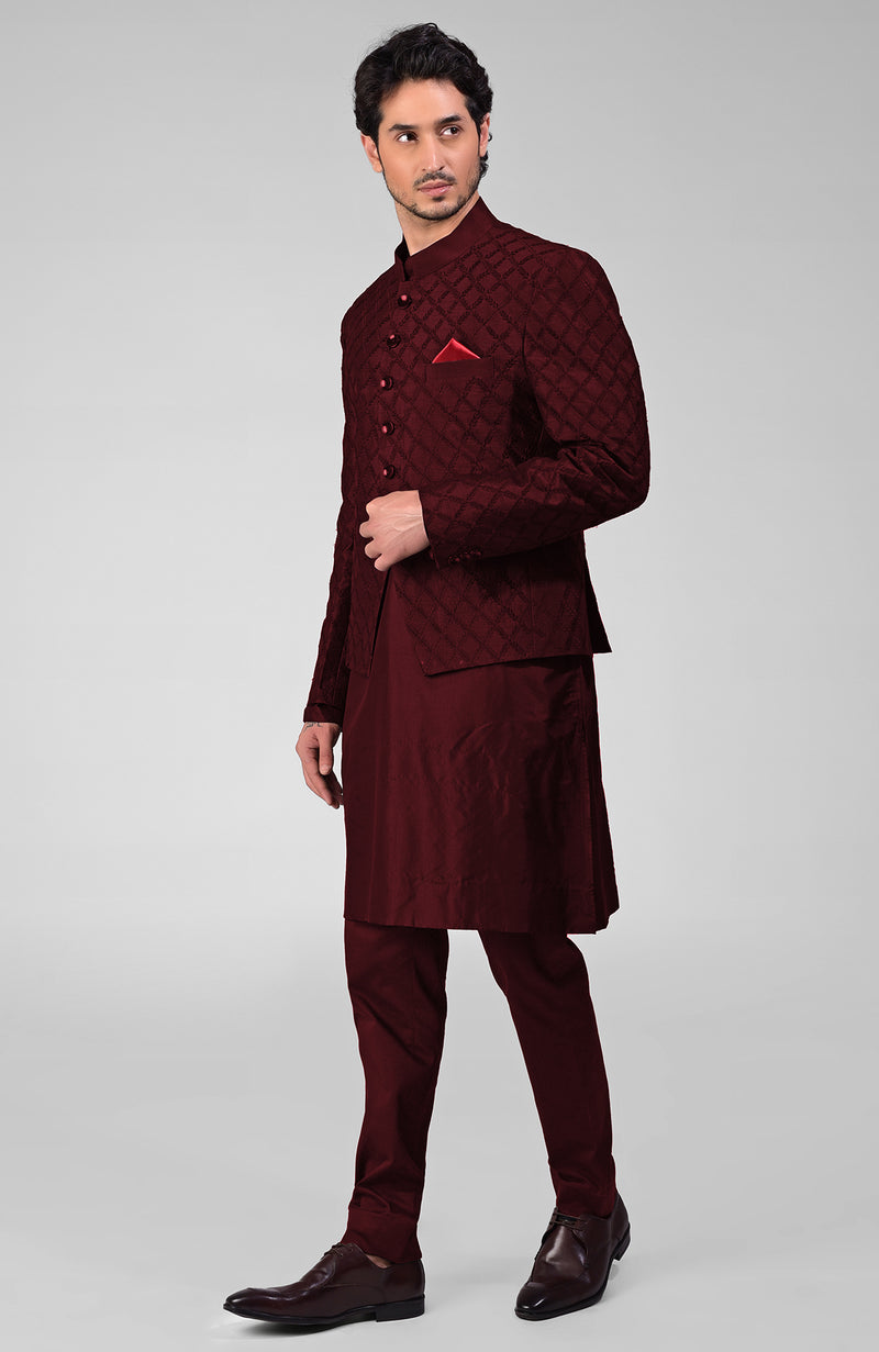 Maroon Embroidered Bandhgala Jacket