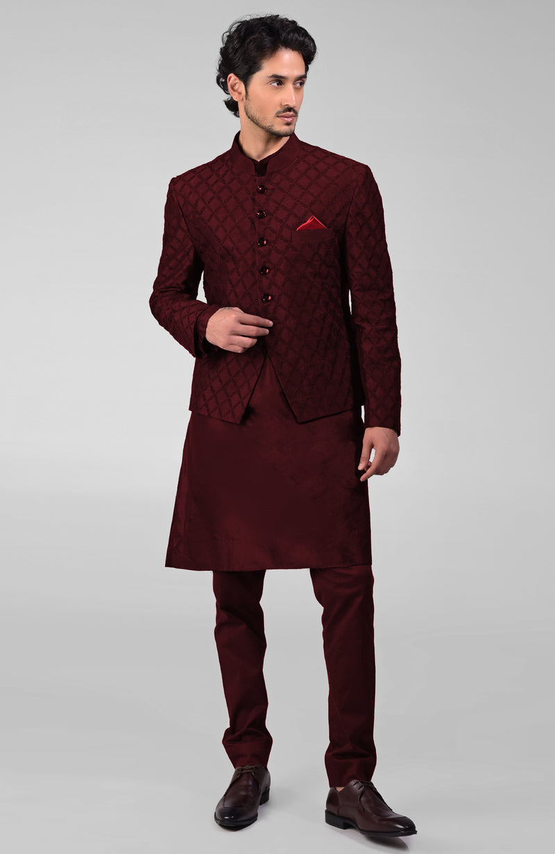 Maroon Embroidered Bandhgala Jacket