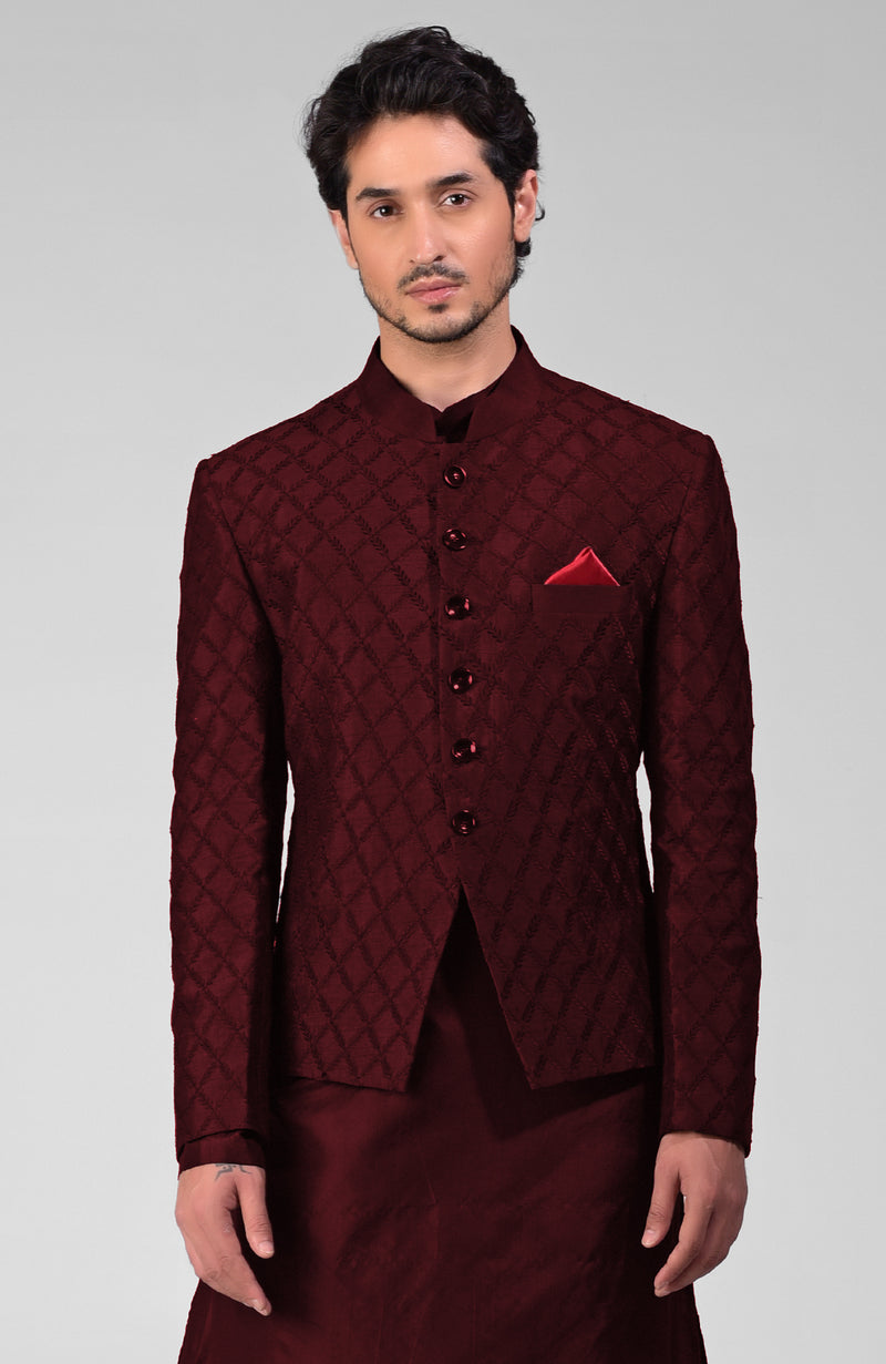 Maroon Embroidered Bandhgala Jacket