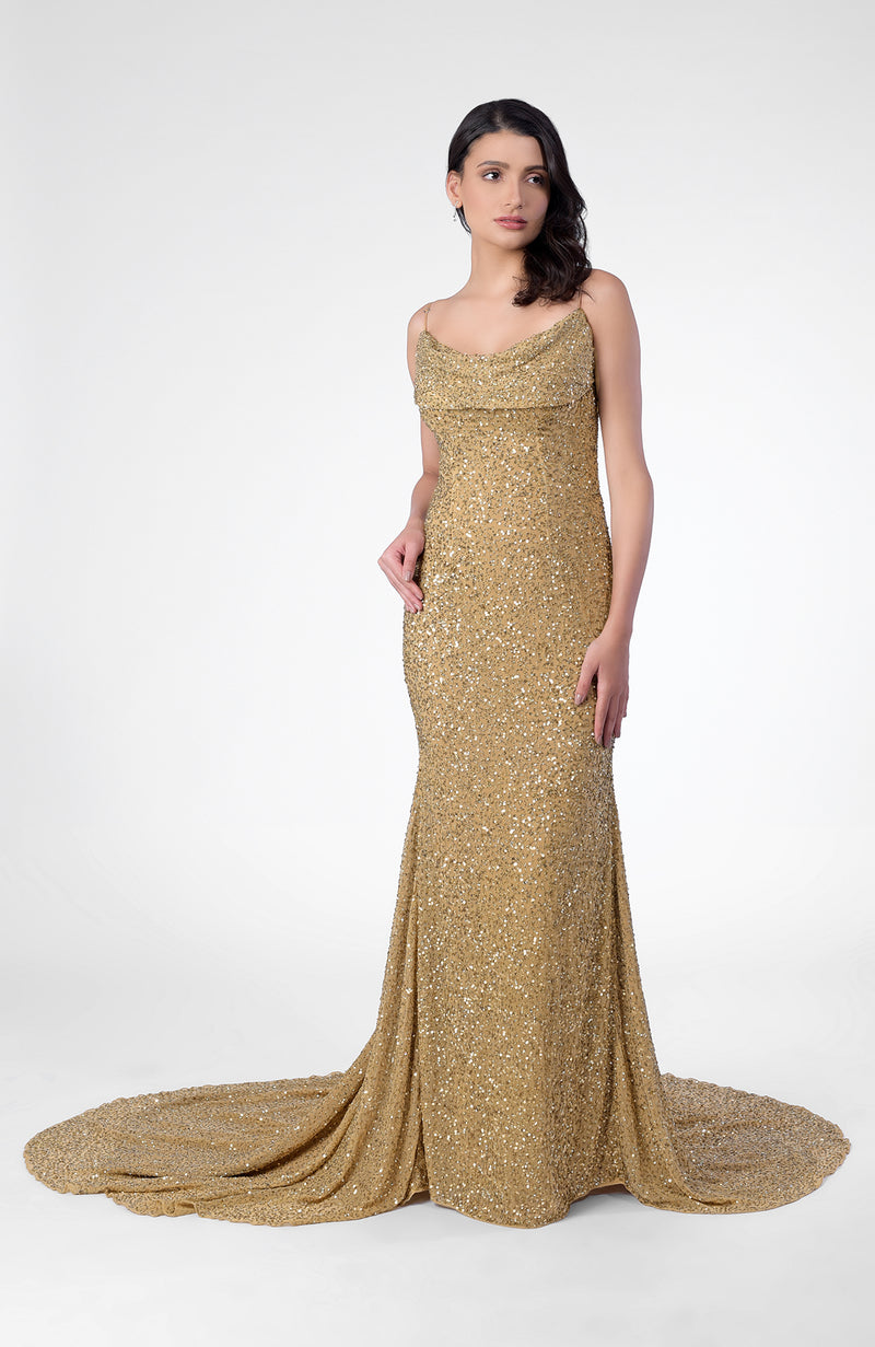 Cleopatra Gold Hand Embroidered Chiffon Mermaid Gown