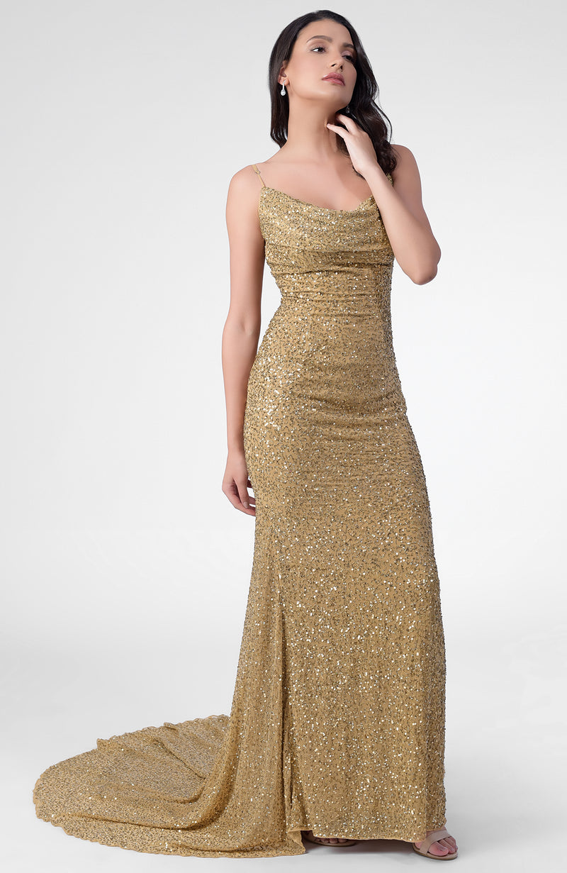 Cleopatra Gold Hand Embroidered Chiffon Mermaid Gown