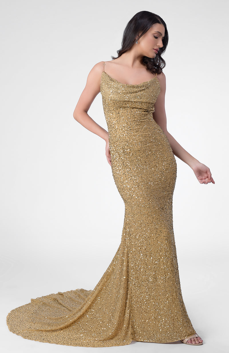 Cleopatra Gold Hand Embroidered Chiffon Mermaid Gown