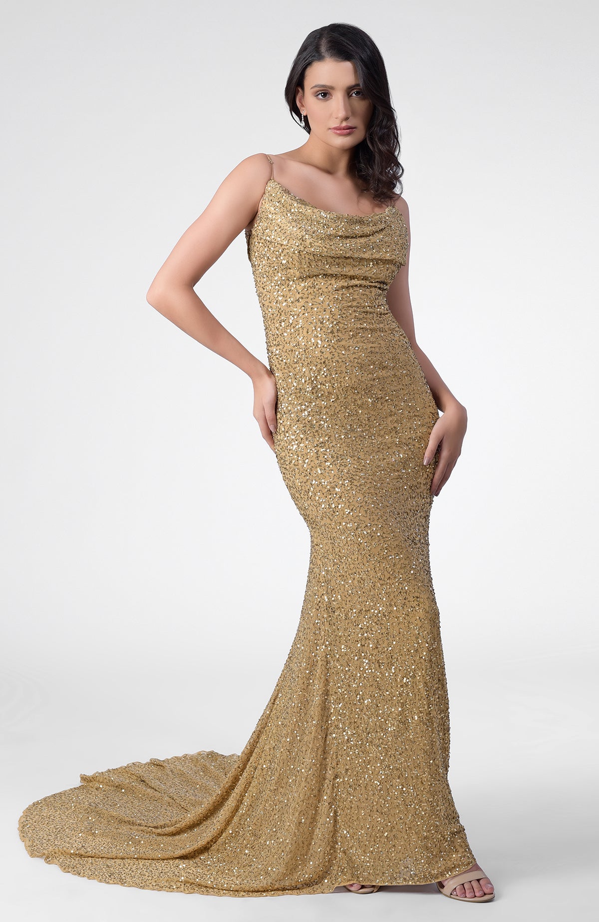 Cleopatra Gold Hand Embroidered Chiffon Mermaid Gown Talking Threads