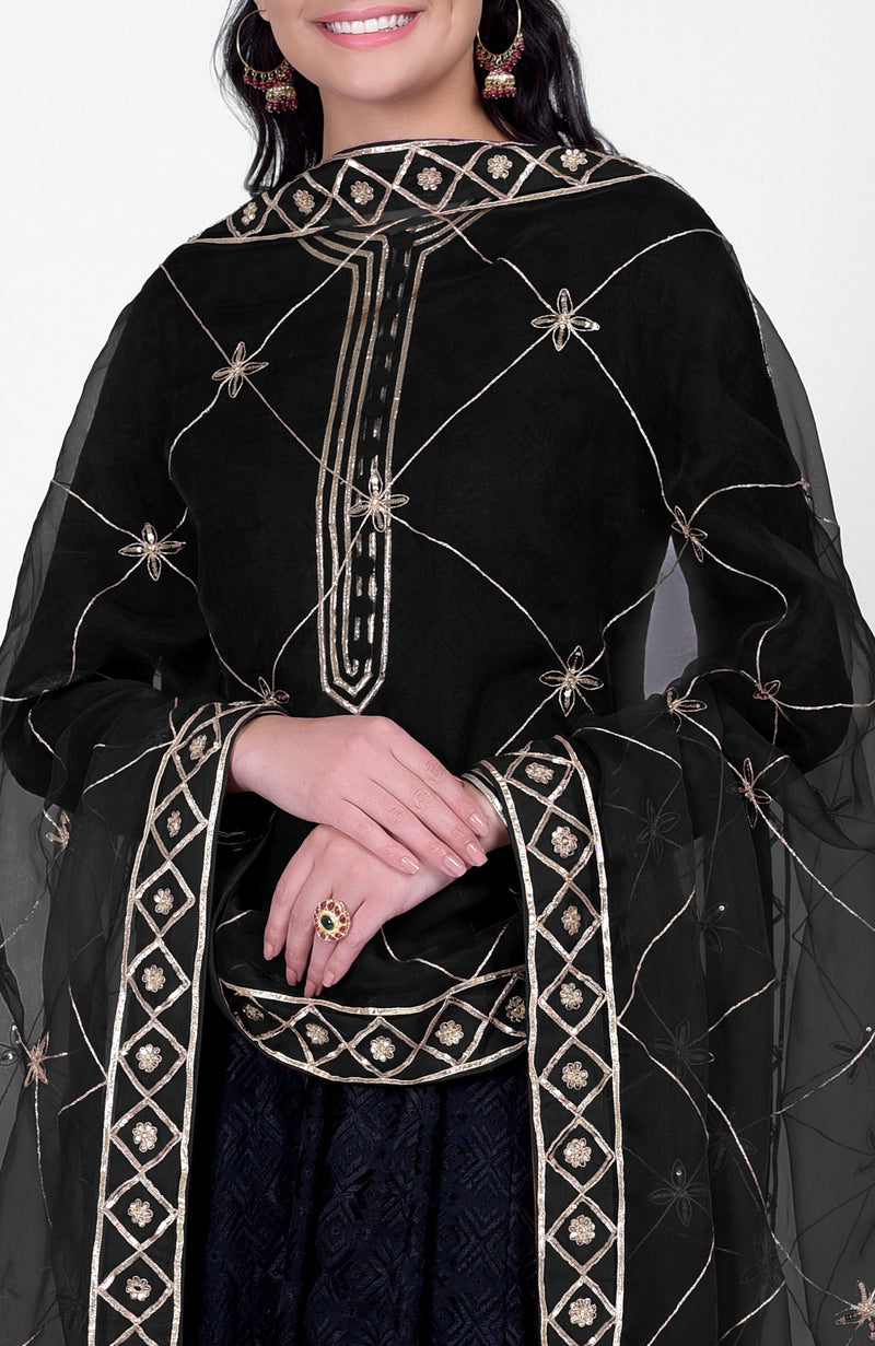 Black Phulkari Anarkali With Gota Kasab Dupatta