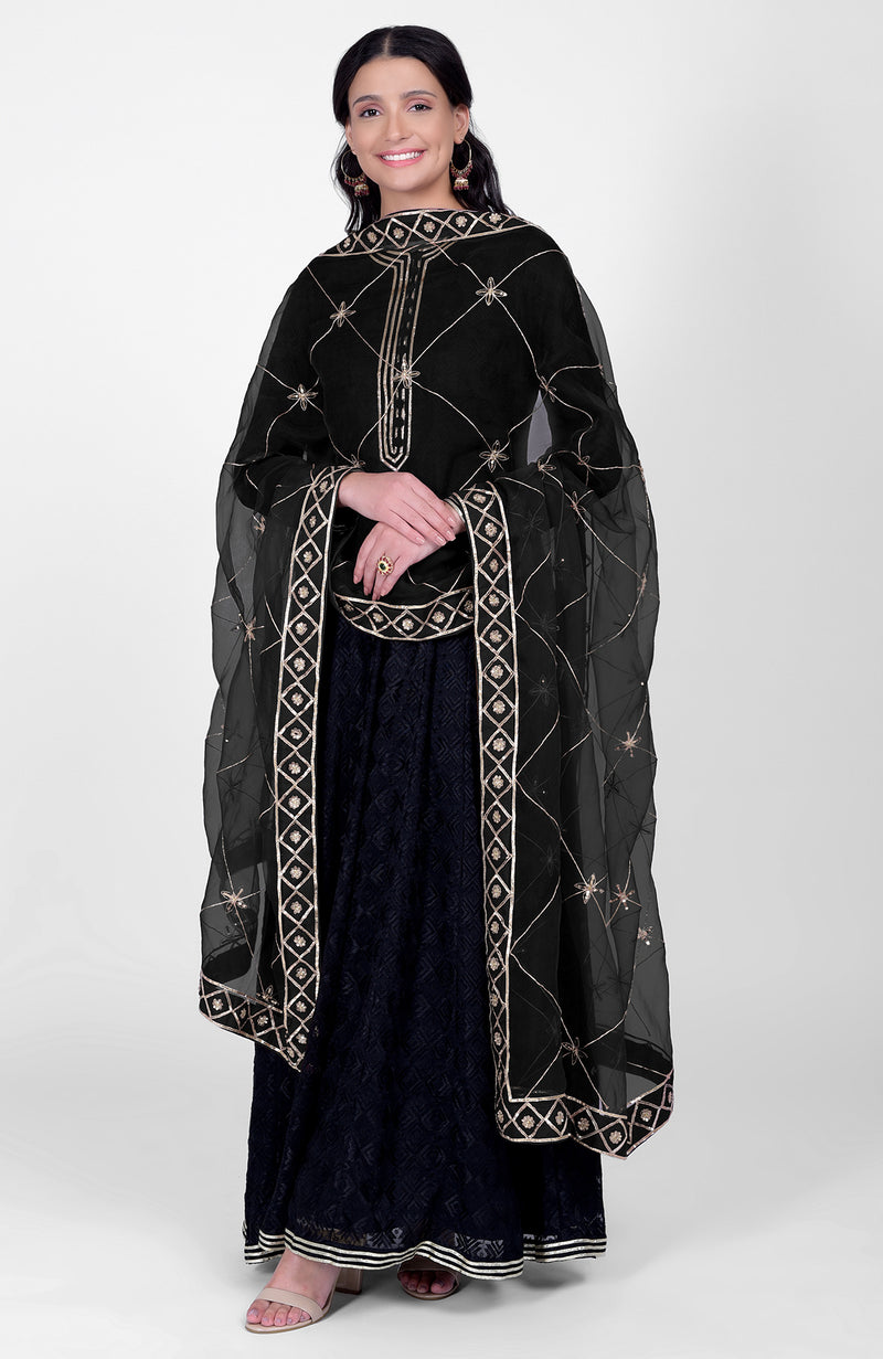 Black Phulkari Anarkali With Gota Kasab Dupatta