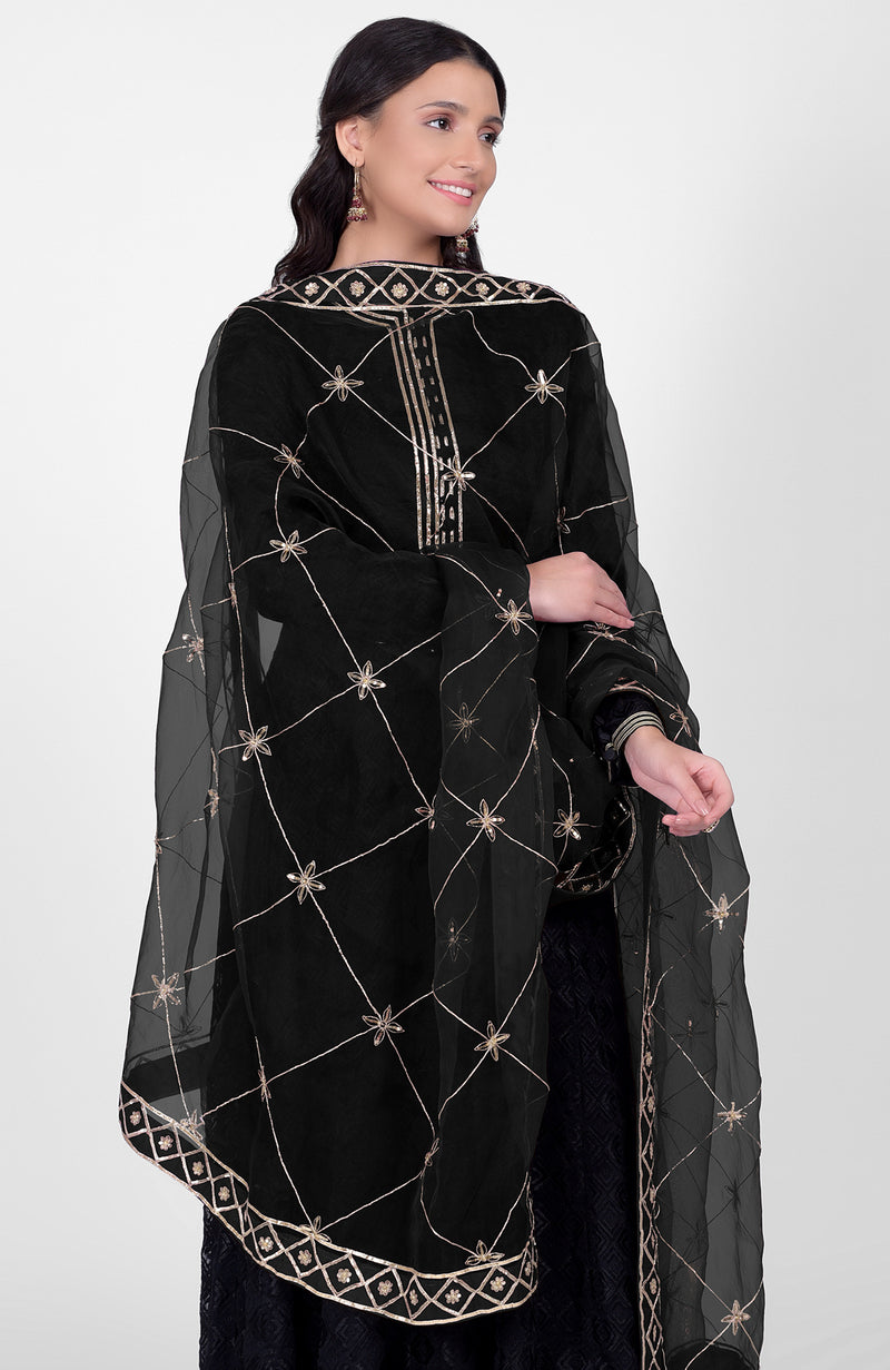 Black Phulkari Anarkali With Gota Kasab Dupatta