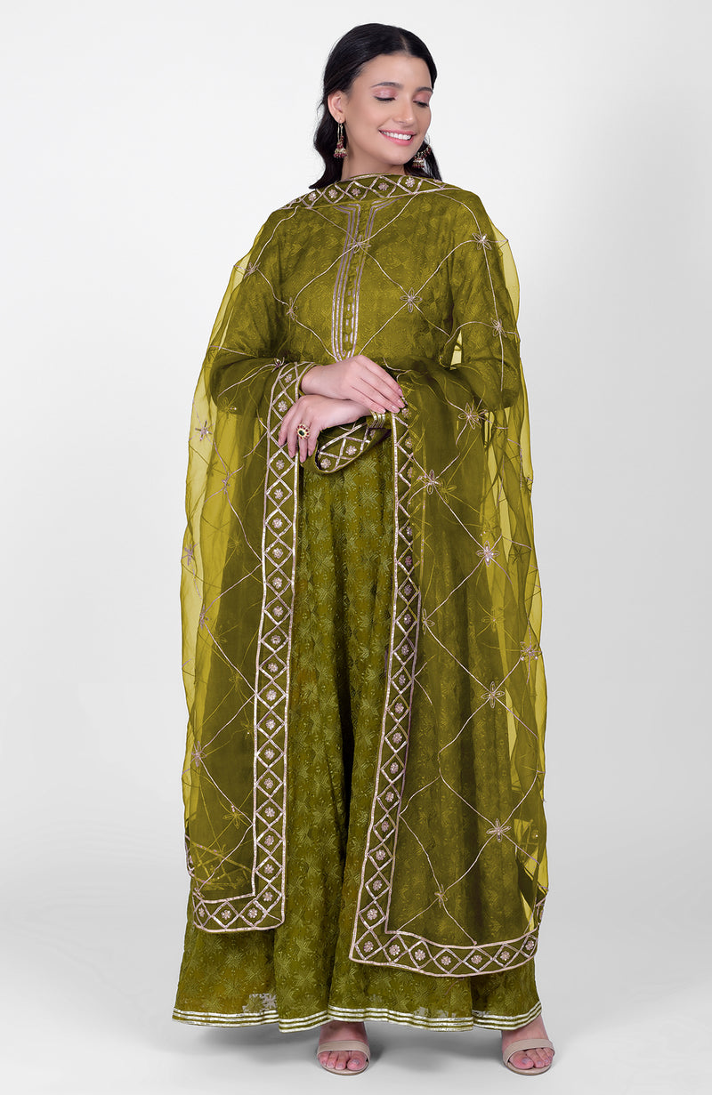 Green Phulkari Anarkali With Gota Kasab Dupatta