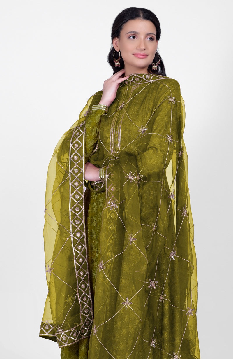 Green Phulkari Anarkali With Gota Kasab Dupatta