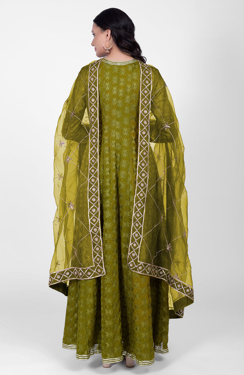 Green Phulkari Anarkali With Gota Kasab Dupatta