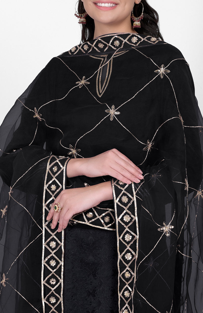 Black Phulkari Sharara Set With Gota Kasab Dupatta