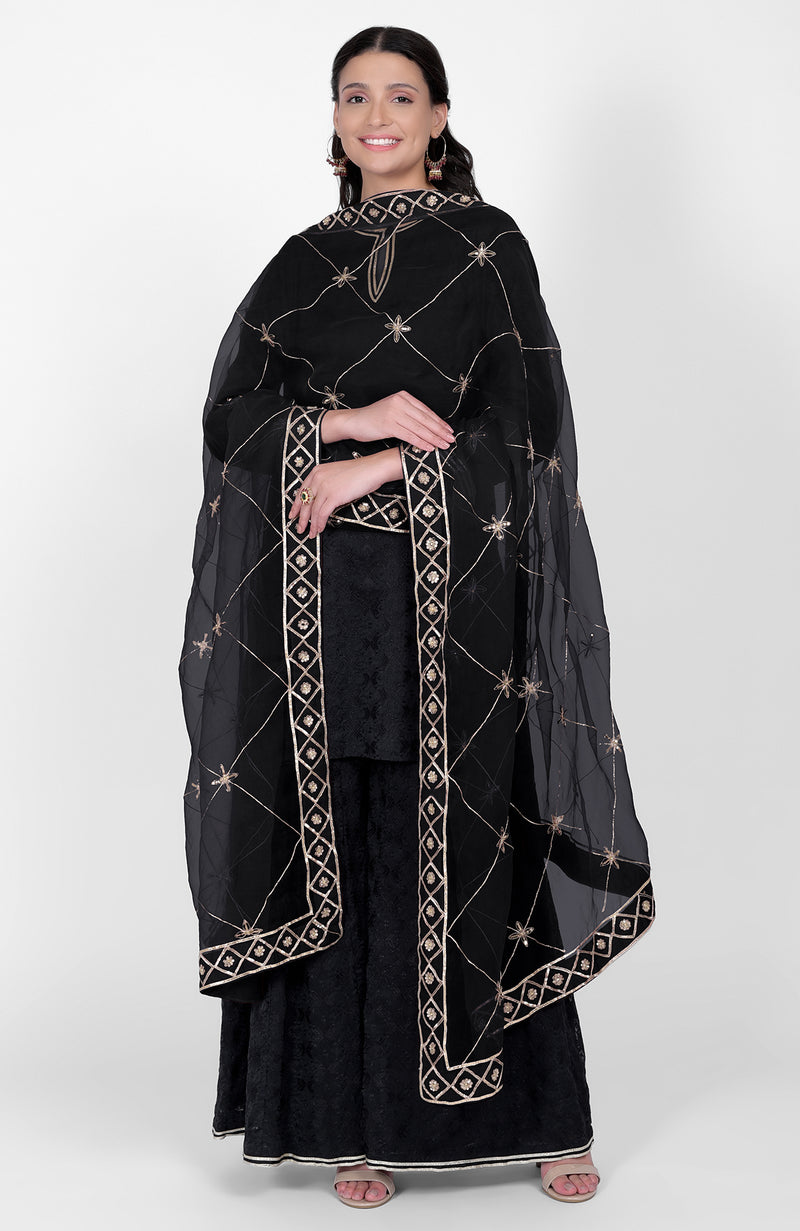 Black Phulkari Sharara Set With Gota Kasab Dupatta