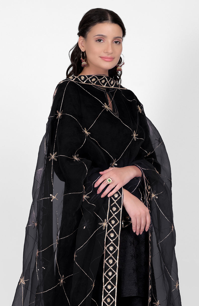 Black Phulkari Sharara Set With Gota Kasab Dupatta