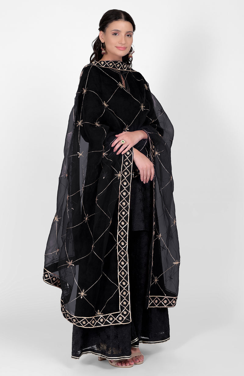 Black Phulkari Sharara Set With Gota Kasab Dupatta