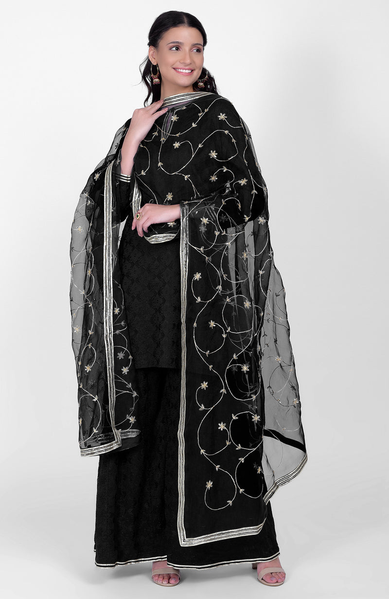 Black Phulkari Sharara Set With Gota Kasab Dupatta