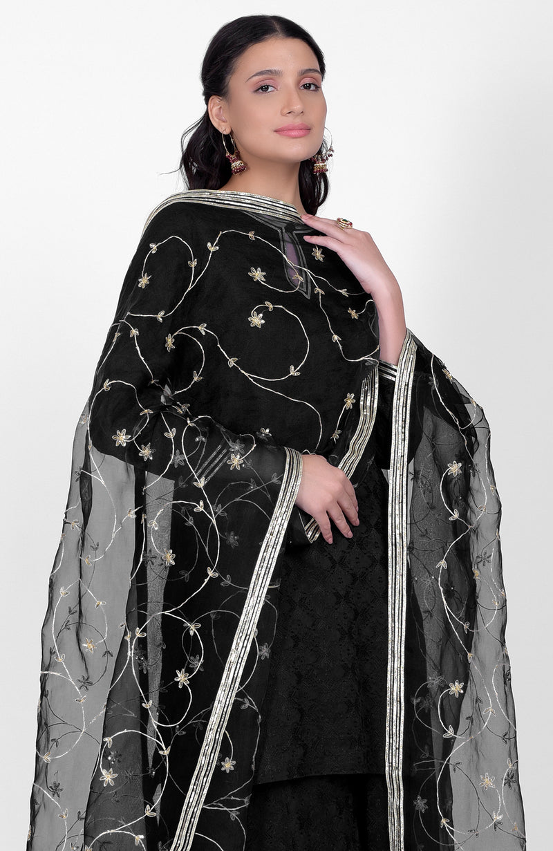 Black Phulkari Sharara Set With Gota Kasab Dupatta