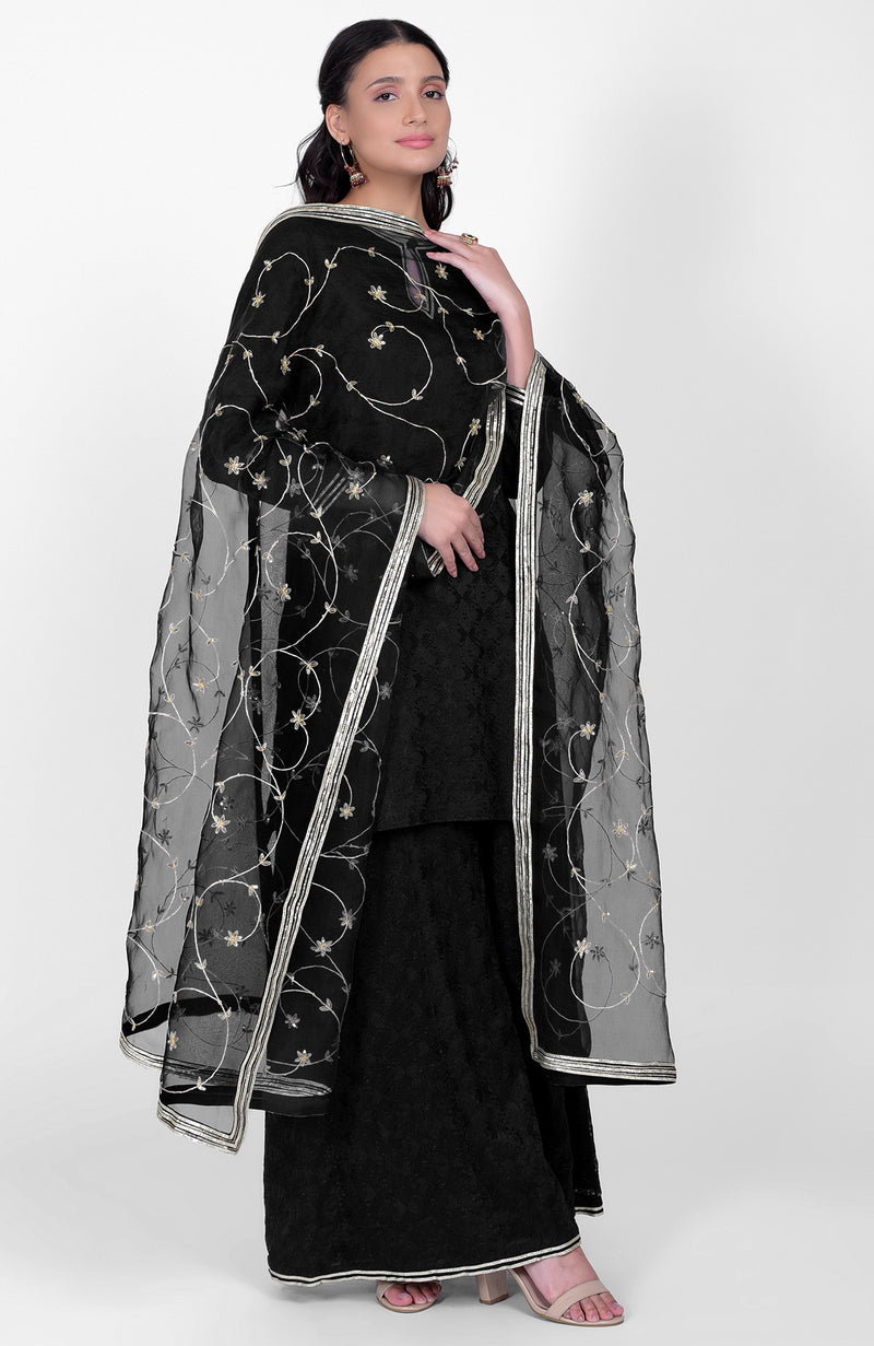 Black Phulkari Sharara Set With Gota Kasab Dupatta