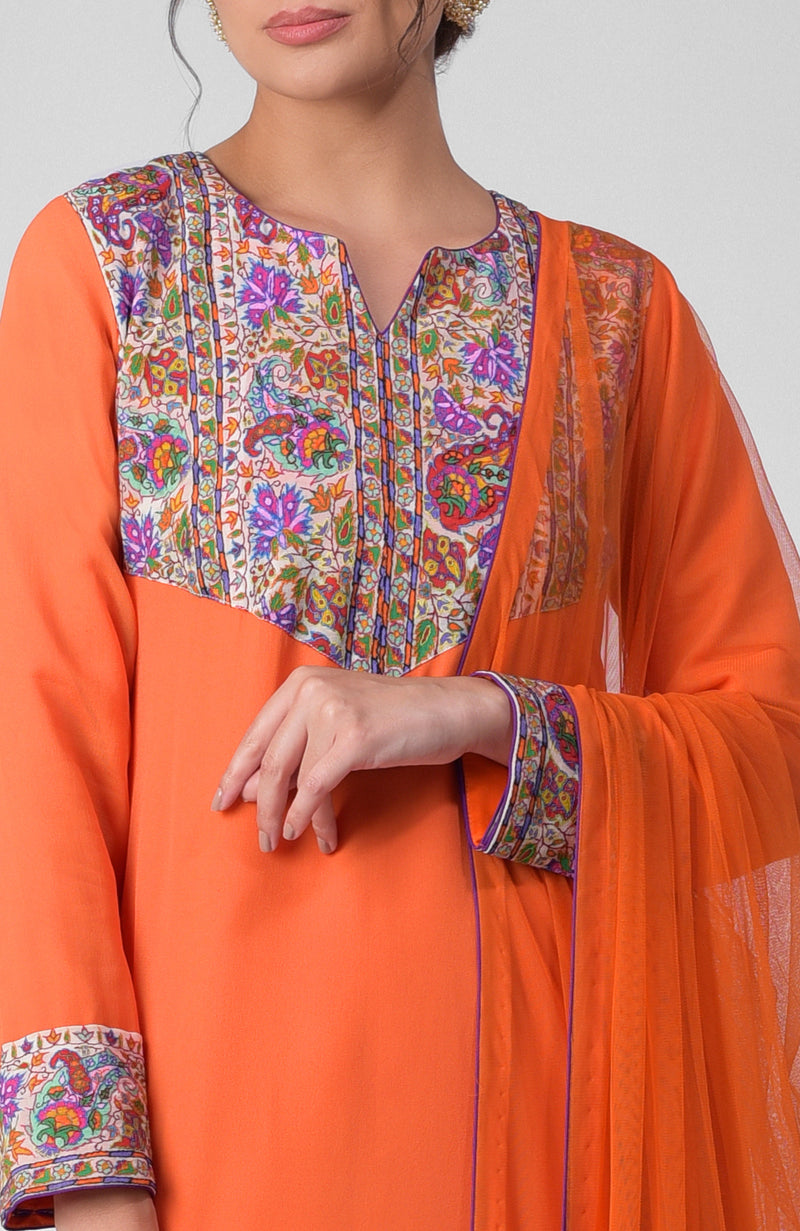 Orange Kalamkari & Sozni Hand Embroidered Kurta Set