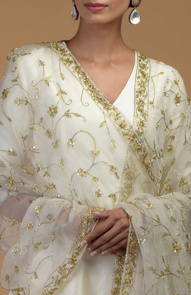 Ivory-Gold Zardozi Hand Embroidered Dupatta With Suit