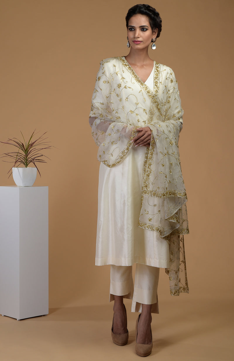 Ivory-Gold Zardozi Hand Embroidered Dupatta With Suit