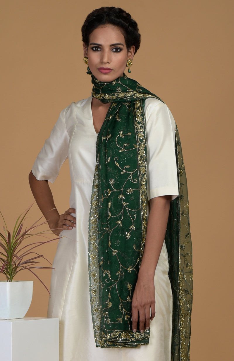 Emerald Green Zardozi Hand Embroidered Dupatta With Suit