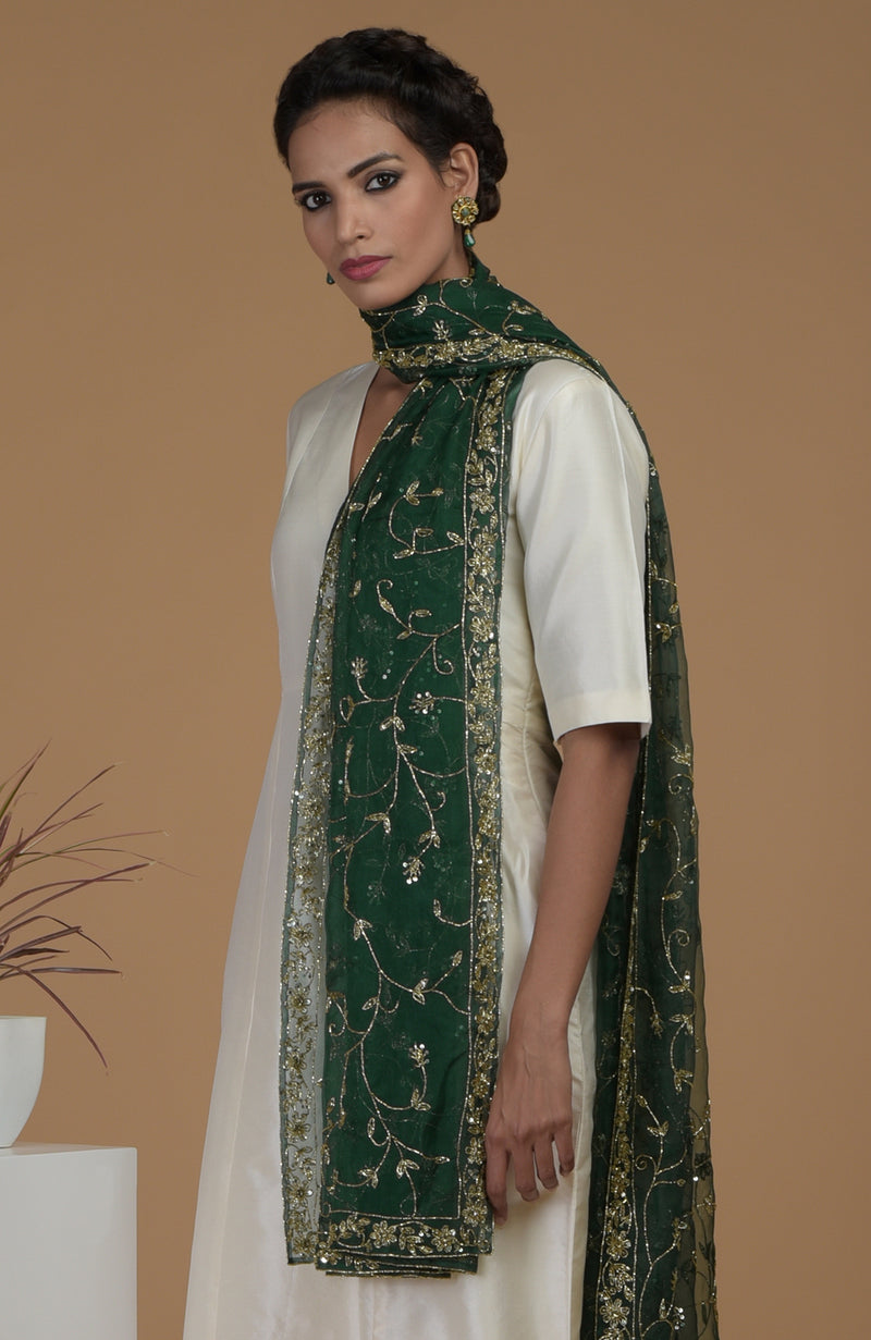 Emerald Green Zardozi Hand Embroidered Dupatta With Suit