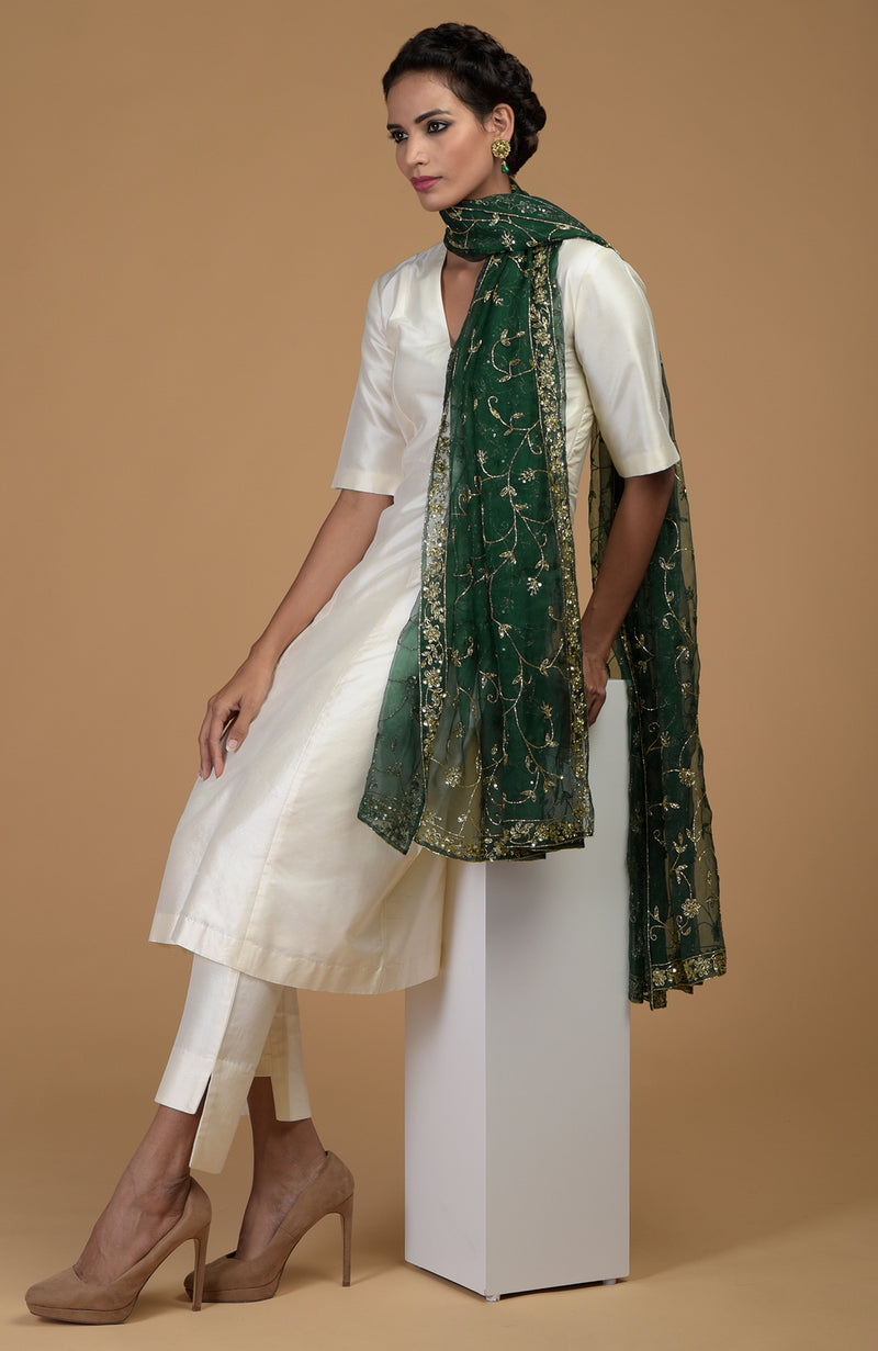 Emerald Green Zardozi Hand Embroidered Dupatta With Suit