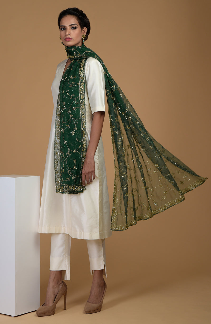 Emerald Green Zardozi Hand Embroidered Dupatta With Suit