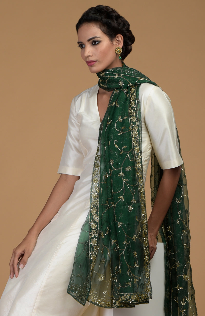 Emerald Green Zardozi Hand Embroidered Dupatta With Suit