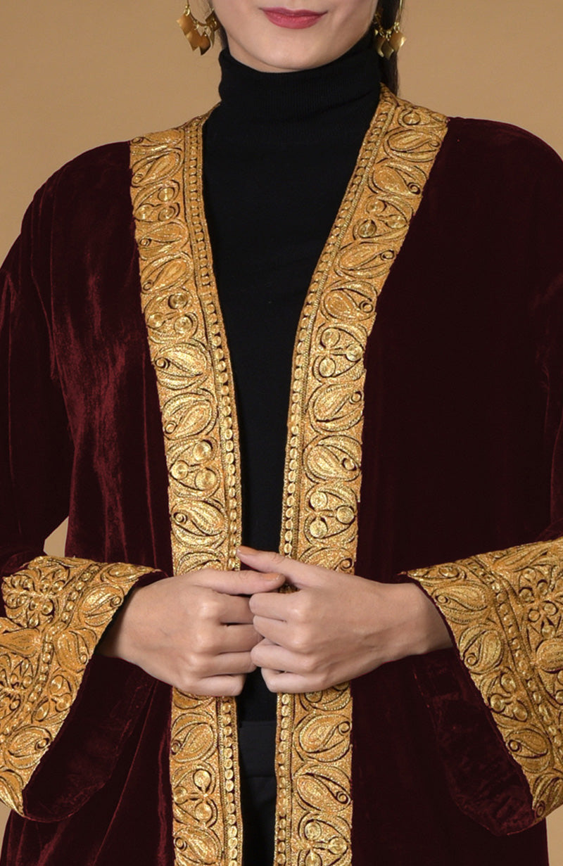 Burgundy Kashmiri Tilla Embroidered Kimono Jacket