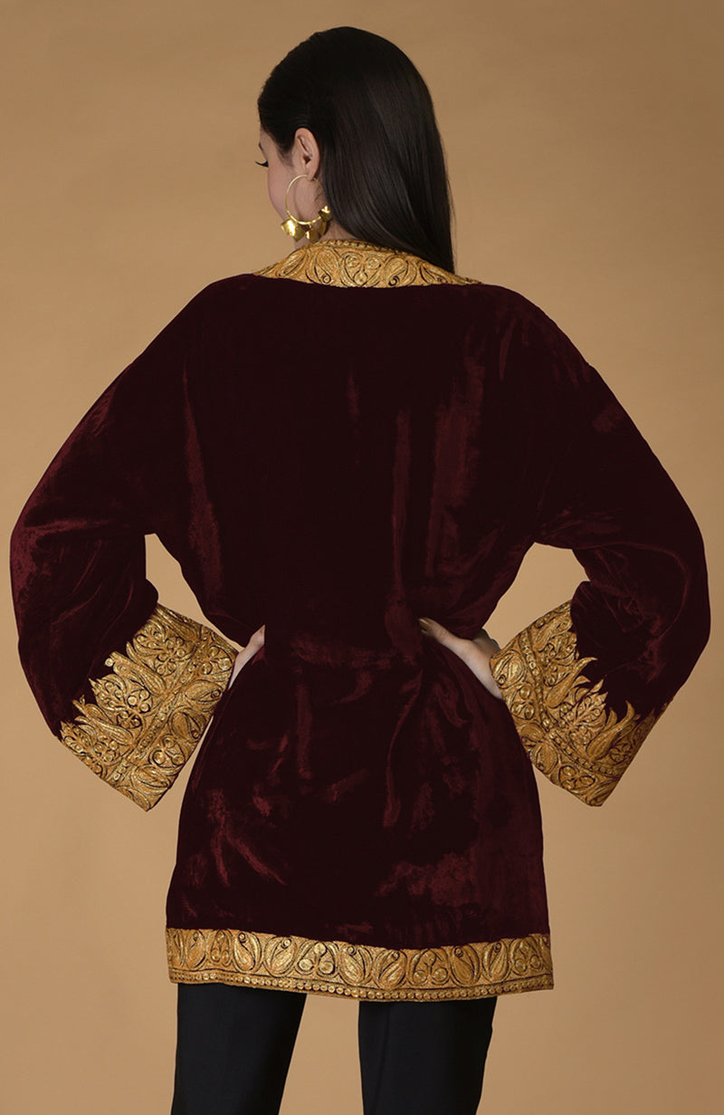 Burgundy Kashmiri Tilla Embroidered Kimono Jacket
