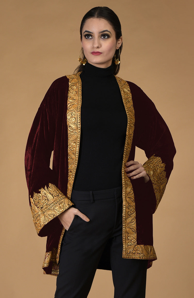 Burgundy Kashmiri Tilla Embroidered Kimono Jacket
